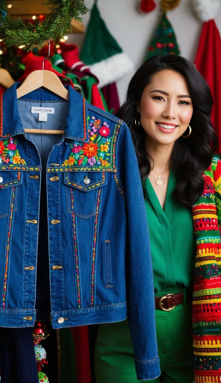 A denim jacket with colorful embroidered details hangs on a hanger, surrounded by festive accessories and clothing items