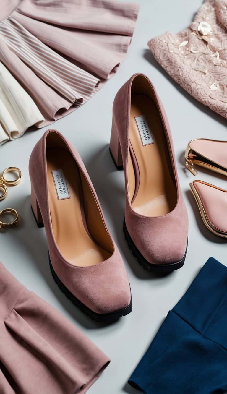 A pair of dusty pink chunky heels surrounded by various feminine outfit ideas, such as dresses, skirts, and blouses, creating a stylish and elegant scene