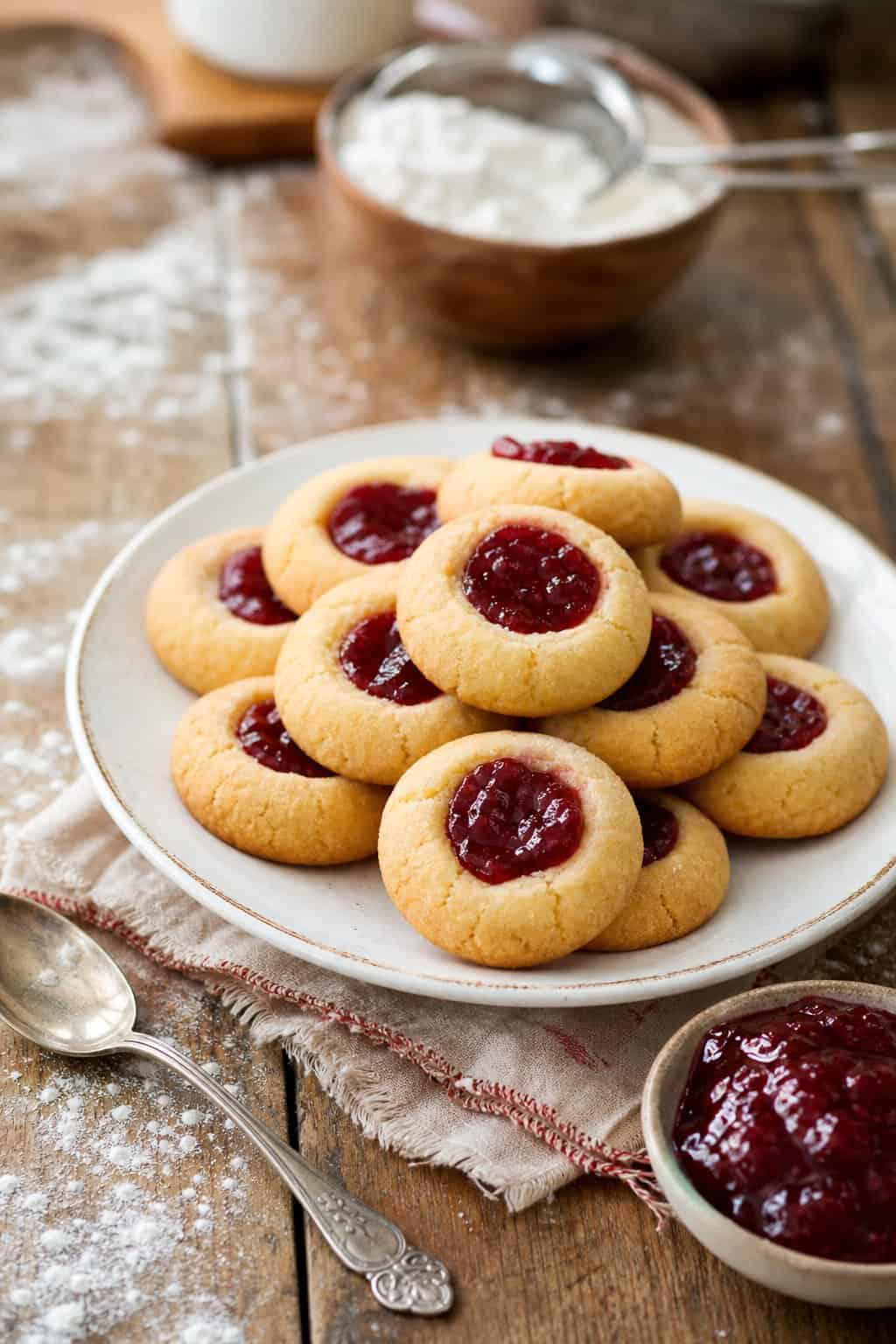 A plate of golden thumbprint jam cookies on a wooden table with jam and baking ingredients nearby.