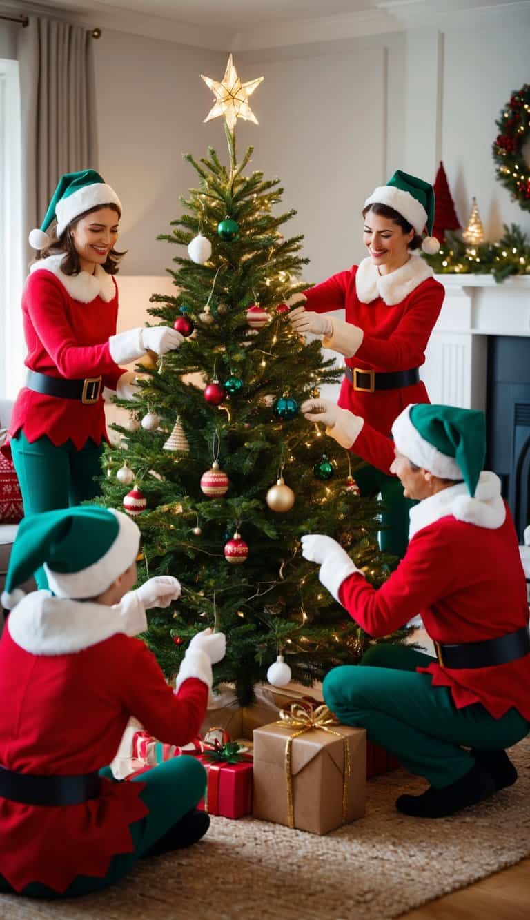 A family of elves decorating a Christmas tree in a cozy living room, surrounded by twinkling lights and festive decorations