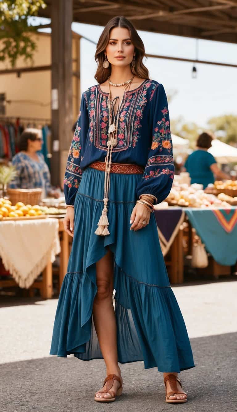 A bohemian-style embroidered peasant blouse paired with flowing skirts, layered jewelry, and sandals, set against a backdrop of a sunny outdoor market