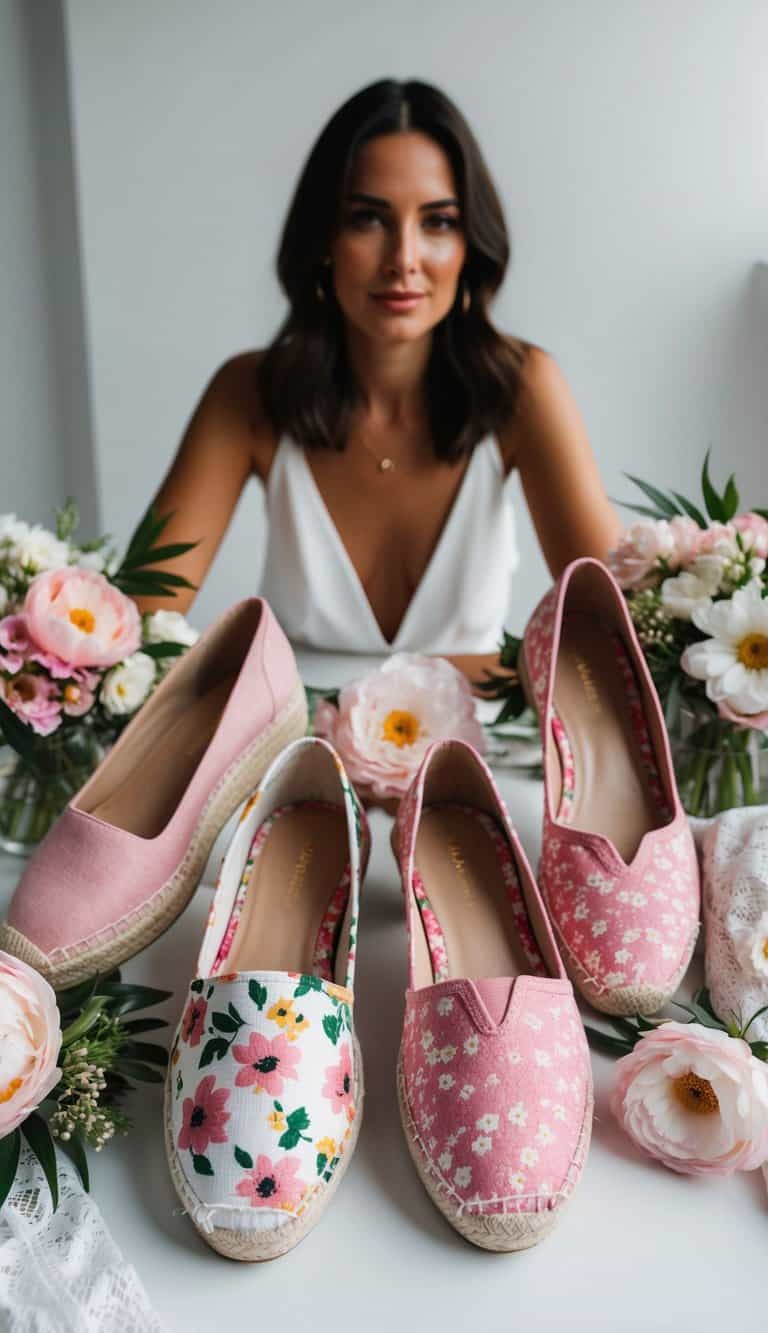 A collection of floral pink espadrilles and pink heels displayed on a clean, white background, surrounded by soft, feminine accessories like flowers and lace