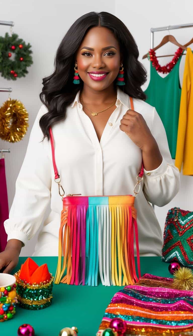 A colorful fringe crossbody bag surrounded by festive accessories and clothing items for plus-size women
