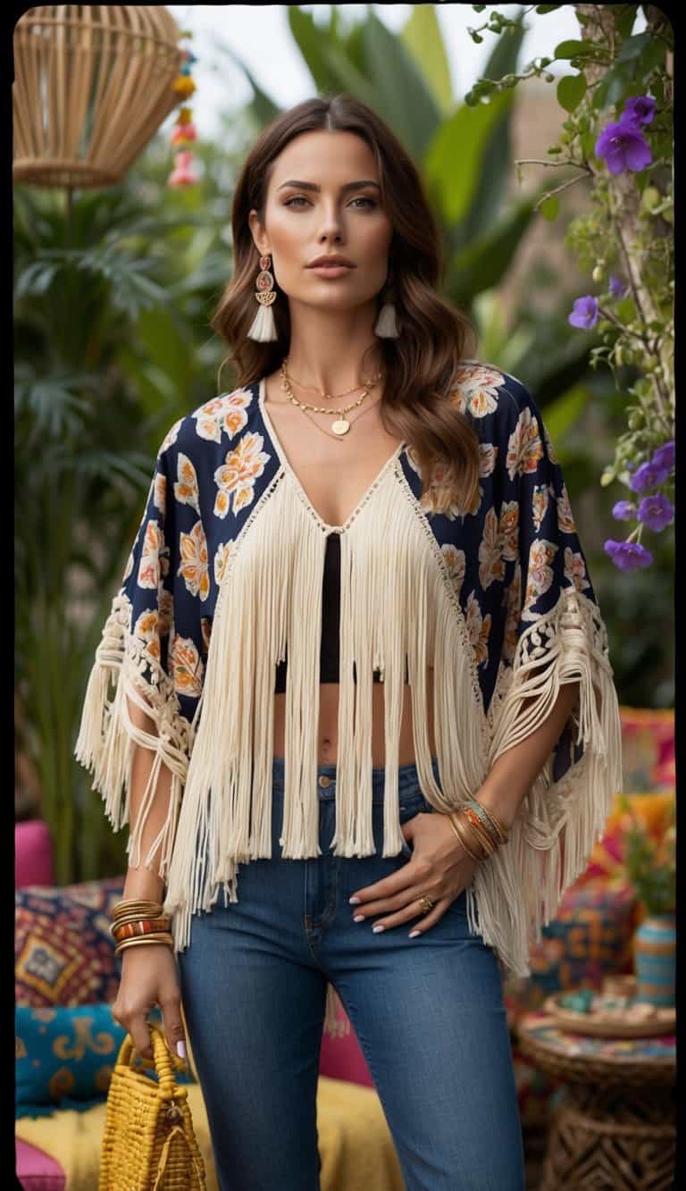 A woman in a fringe kimono top stands in a bohemian-inspired setting, surrounded by nature and colorful accessories, exuding effortless style