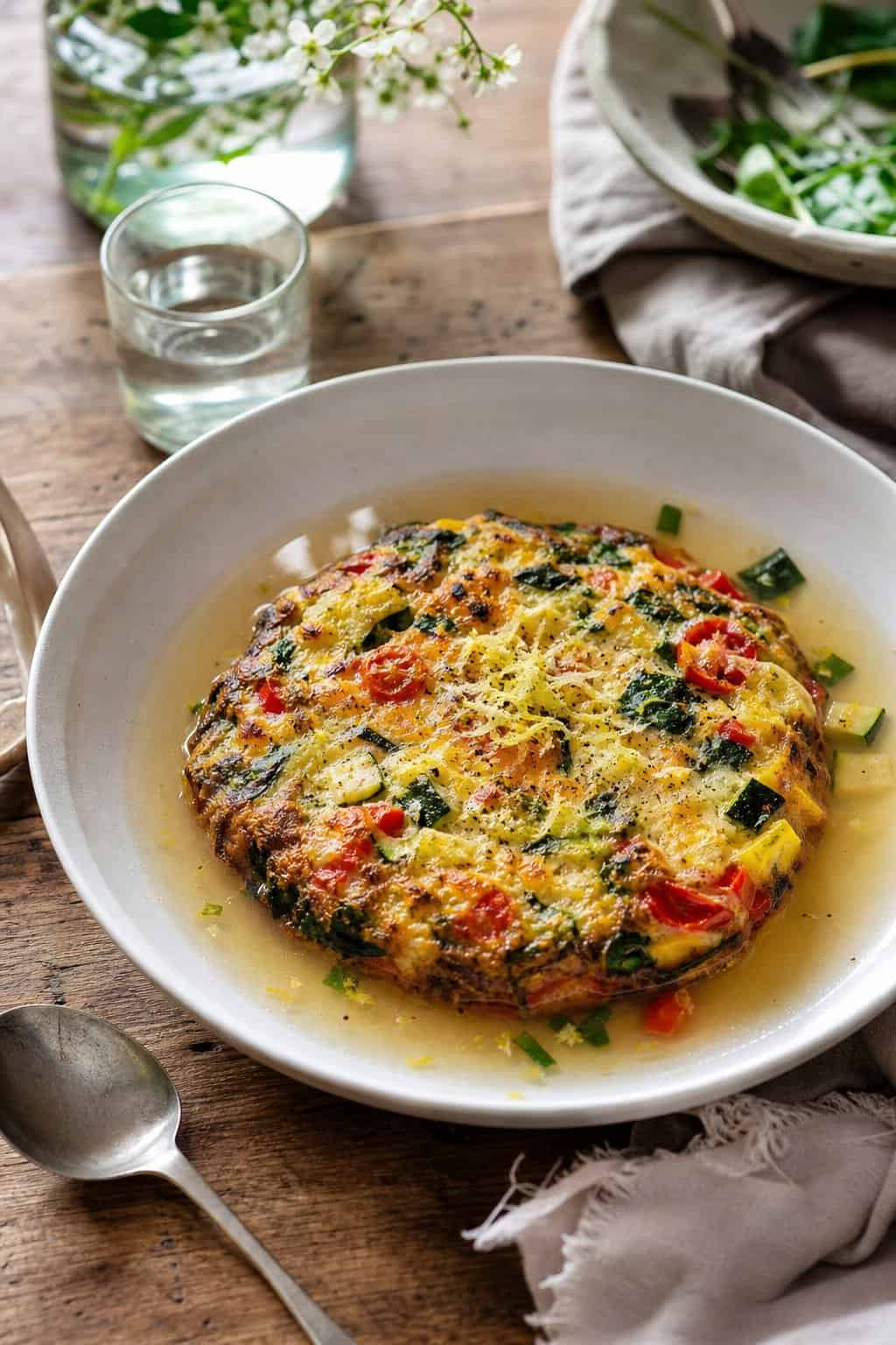 A bowl of vegetable frittata in broth topped with grated rind, placed on a wooden table with simple dining utensils.