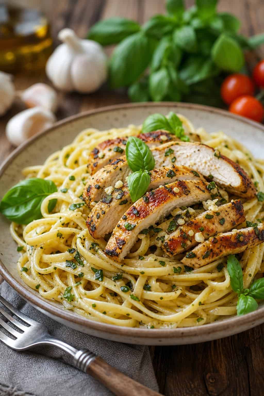 A plate of garlic-basil chicken linguine with grilled chicken slices and fresh basil on a wooden table.