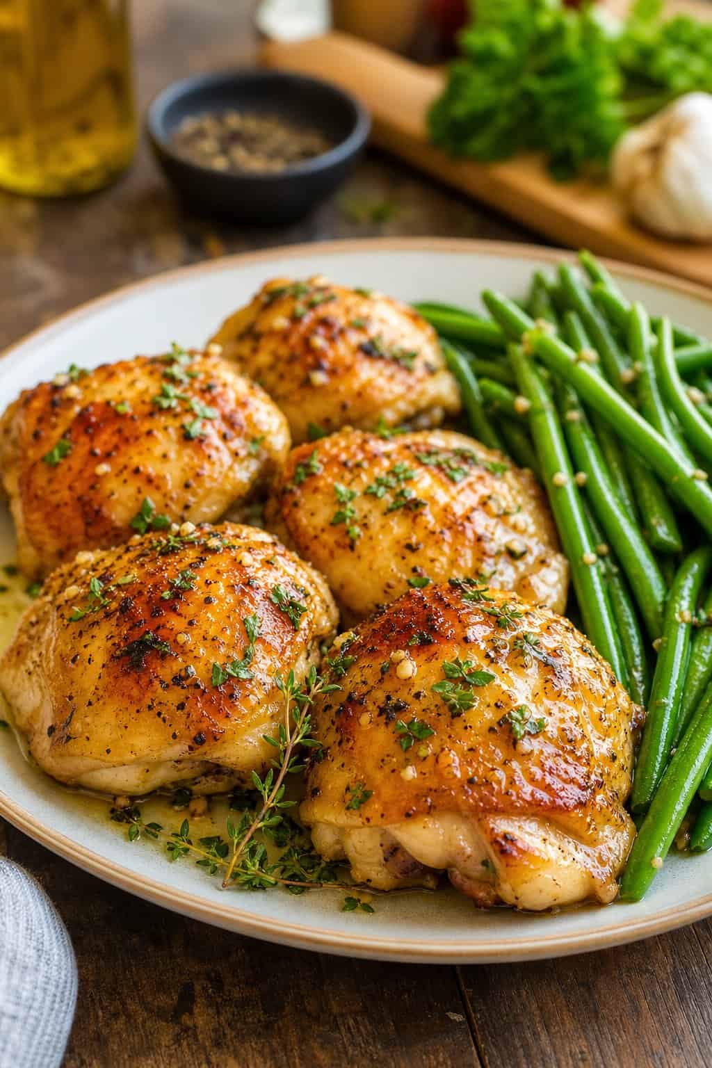 A plate with garlic butter baked chicken thighs and green beans on a wooden table.
