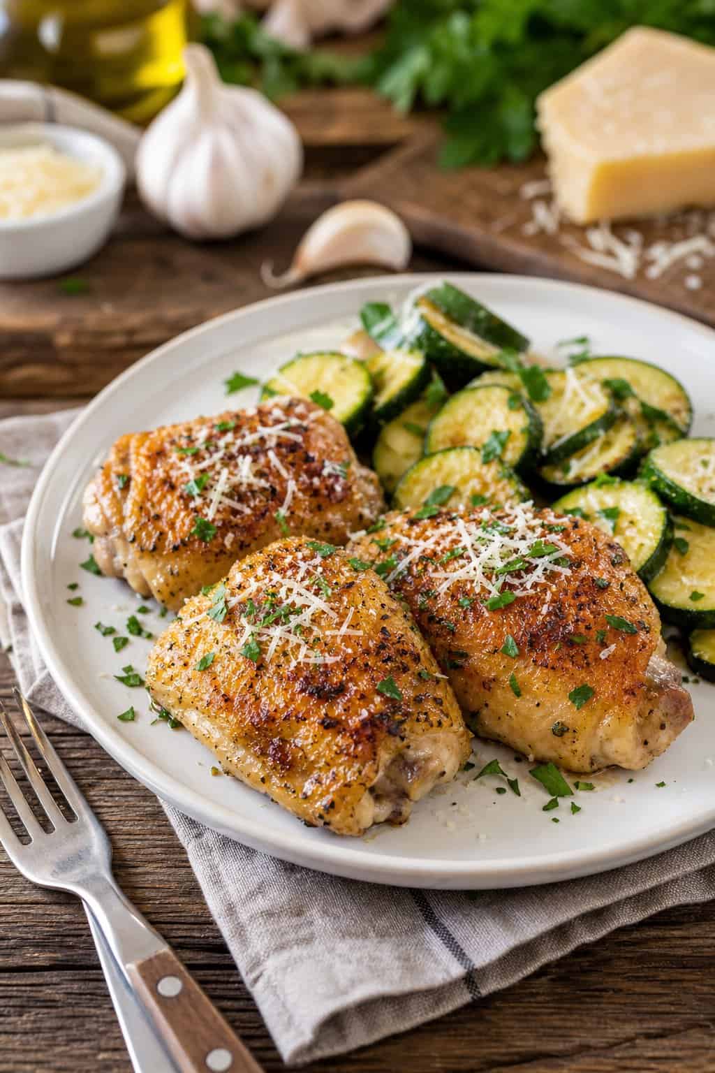 A plate with golden brown garlic parmesan chicken thighs served with sautéed zucchini on a wooden table.