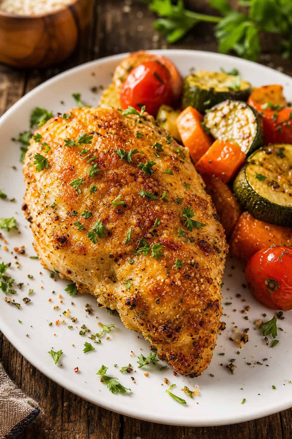 A plate with garlic-parmesan crusted baked chicken breast garnished with parsley and served with roasted vegetables on a wooden table.
