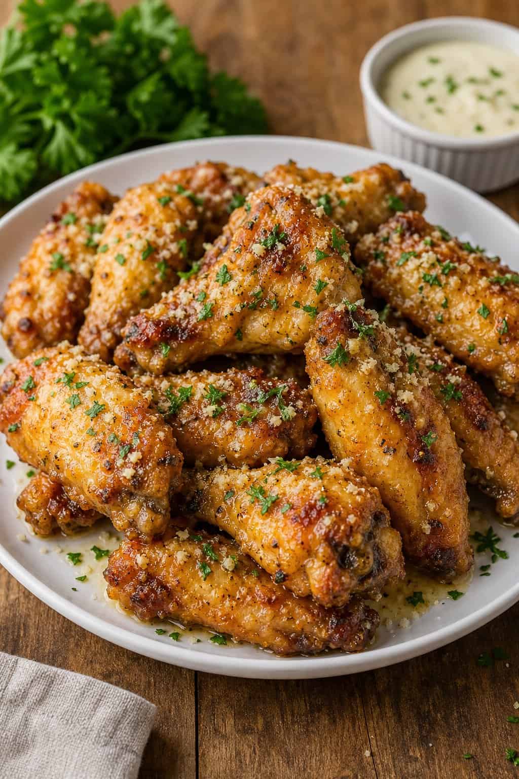 22 Chicken Wing Recipes for Game Day and Beyond 7 A plate of golden brown garlic parmesan oven-roasted chicken wings garnished with chopped parsley on a wooden table.