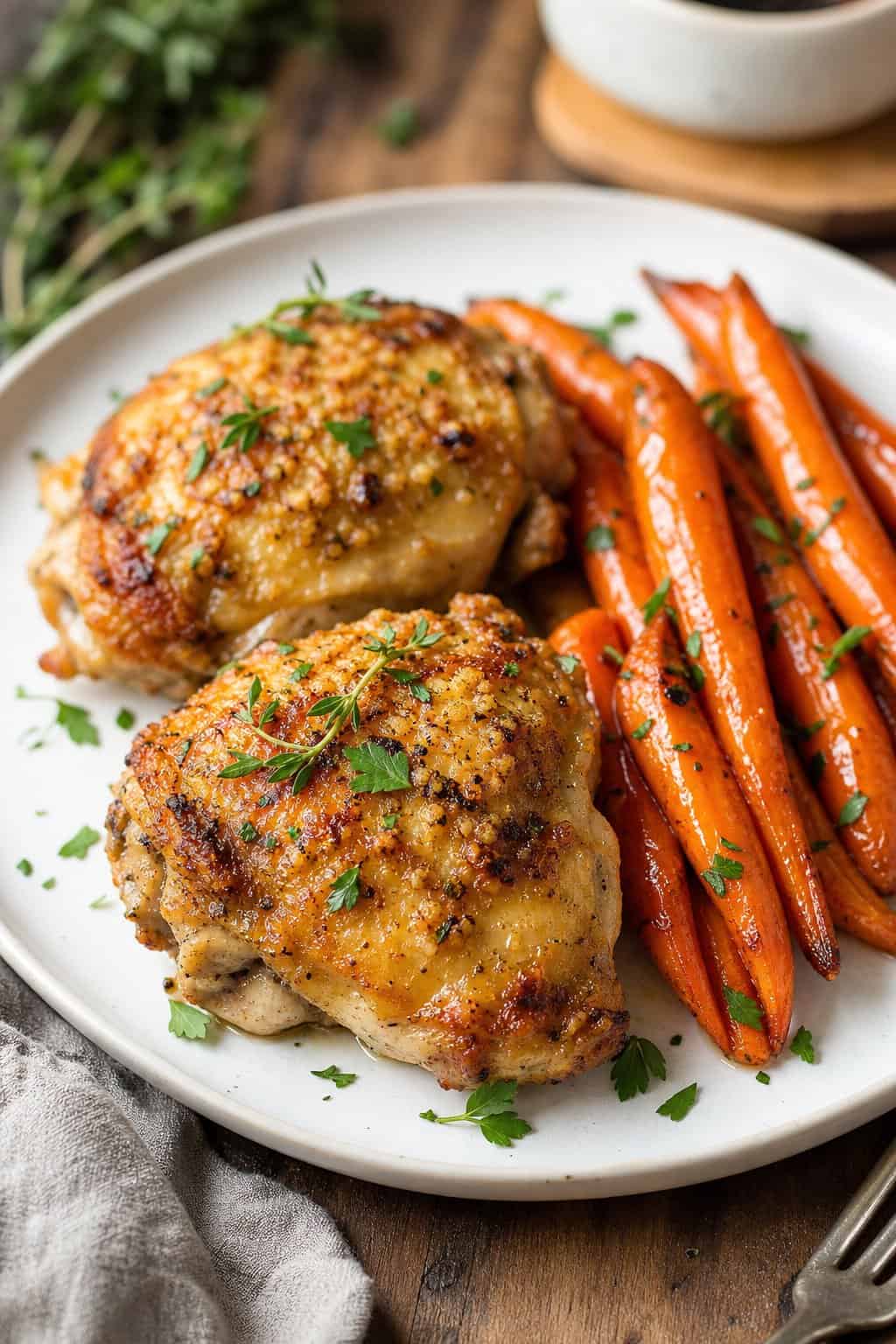 A plate of garlic-parmesan roasted chicken thighs with roasted carrots on a wooden table.