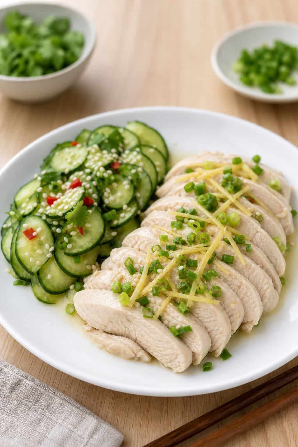 A plate of ginger-scallion poached chicken with sliced cucumber salad on a wooden table.