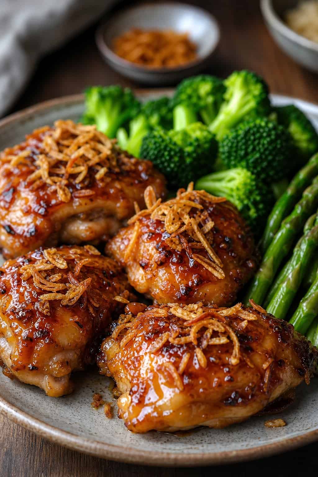 A plate of glazed honey garlic chicken thighs topped with crispy shallots and served with green vegetables.
