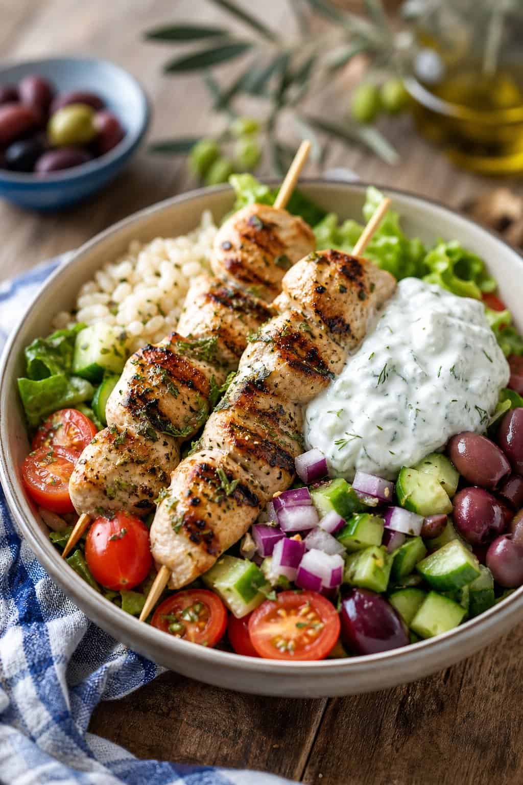 A bowl of grilled chicken souvlaki with rice, cucumbers, tomatoes, olives, and tzatziki sauce.