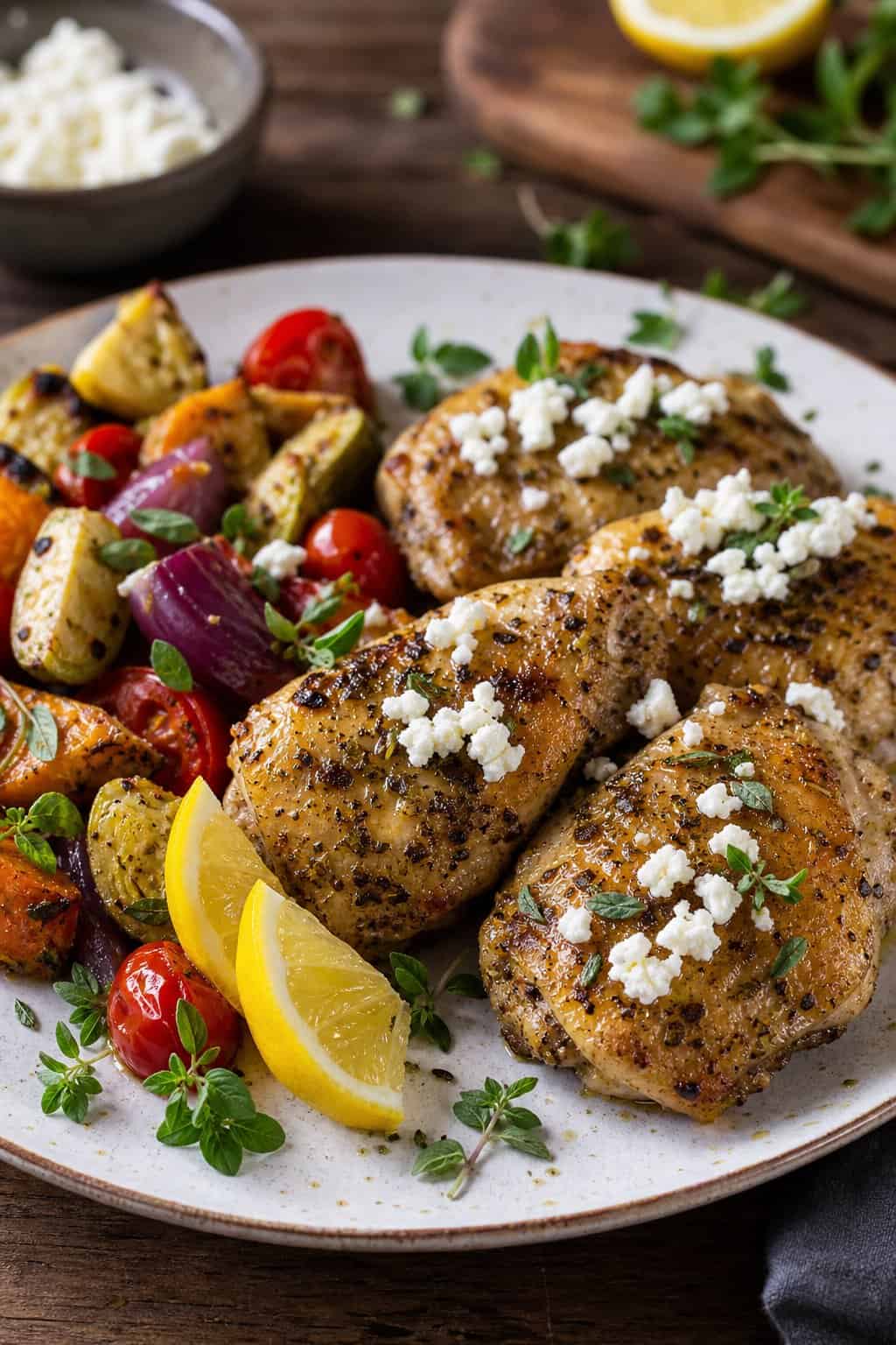 A plate of golden brown Greek lemon oregano chicken thighs topped with crumbled feta cheese and garnished with lemon wedges and fresh oregano, served with roasted vegetables.