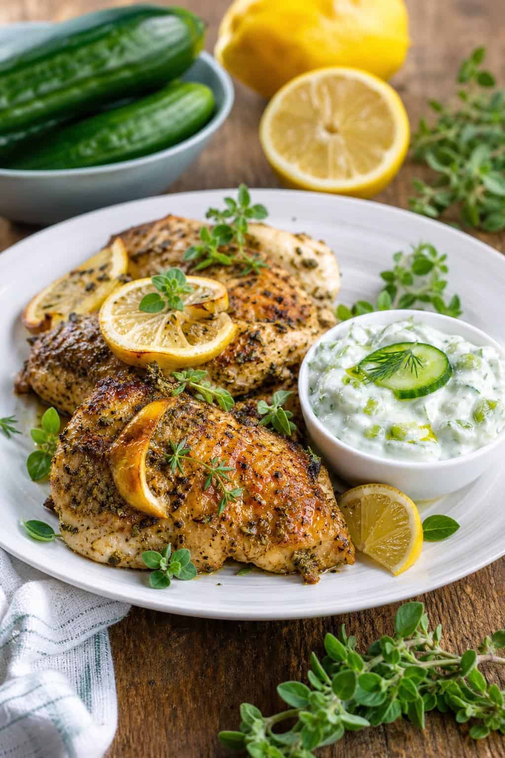 A plate of golden lemon-oregano chicken served with cucumber yogurt sauce and fresh herb garnishes on a wooden table.