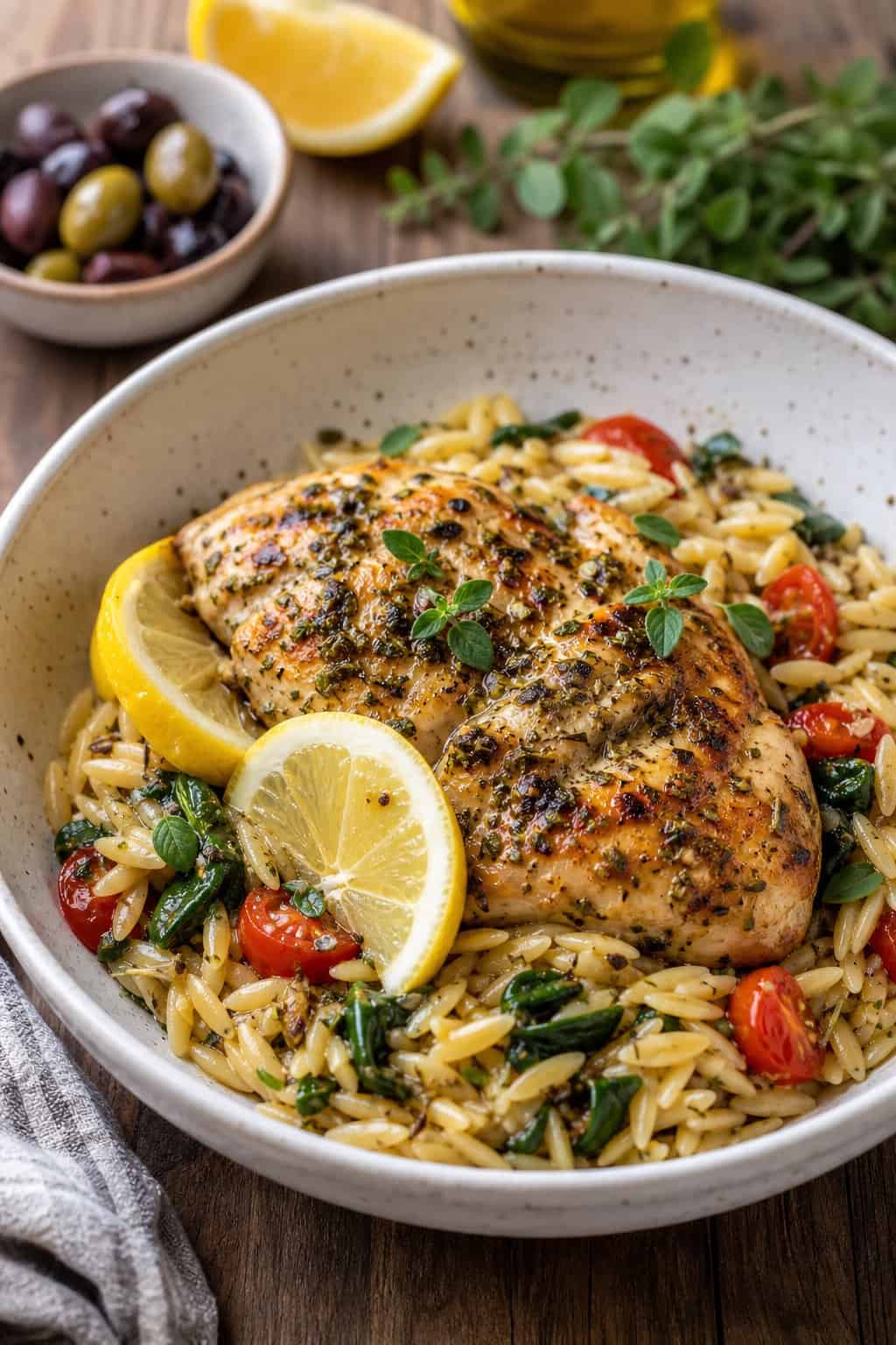 A bowl of lemon-oregano chicken served on orzo pasta with fresh herbs and lemon slices on a wooden table.
