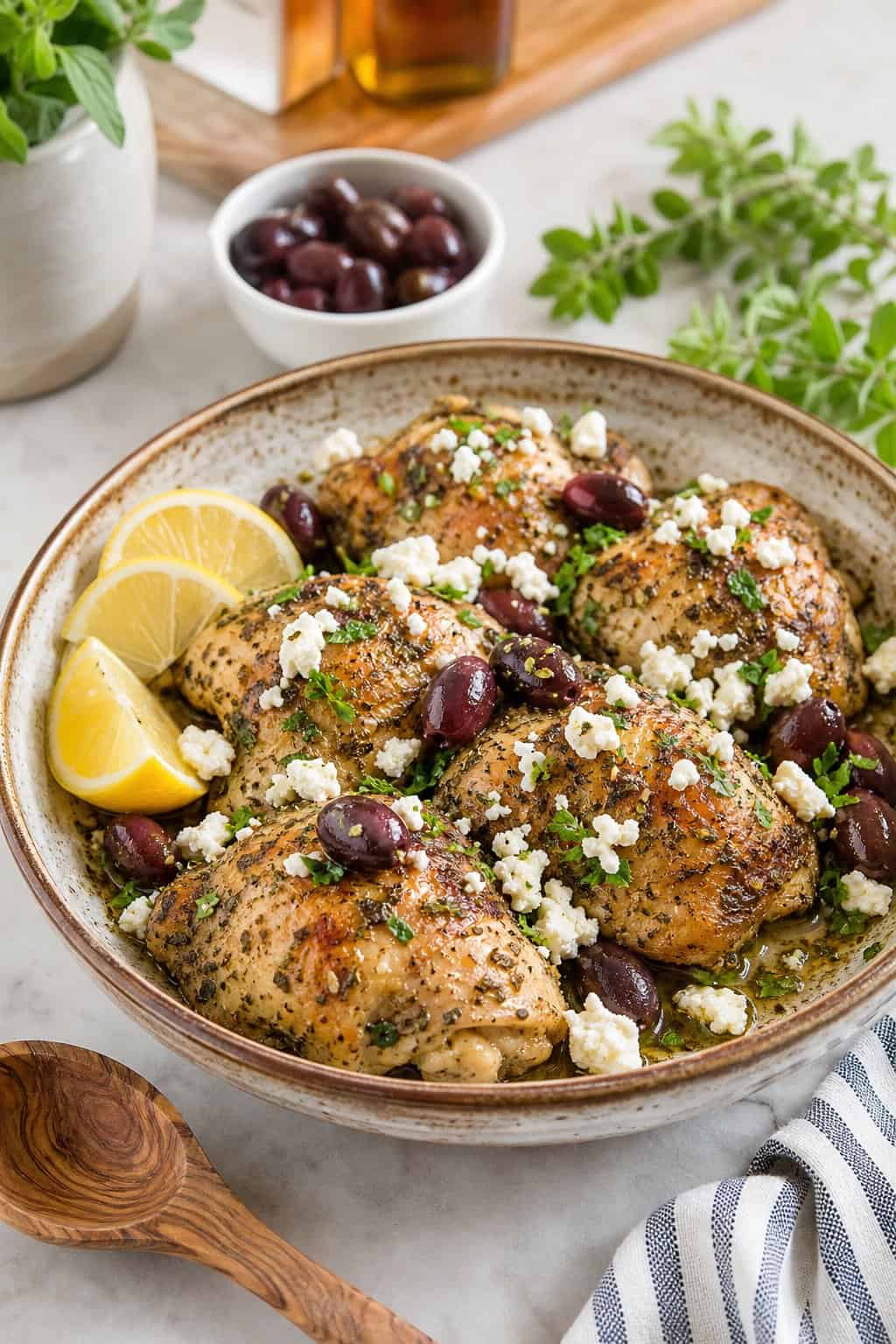 A bowl of cooked chicken with feta cheese and olives, garnished with herbs and lemon wedges on a kitchen table.