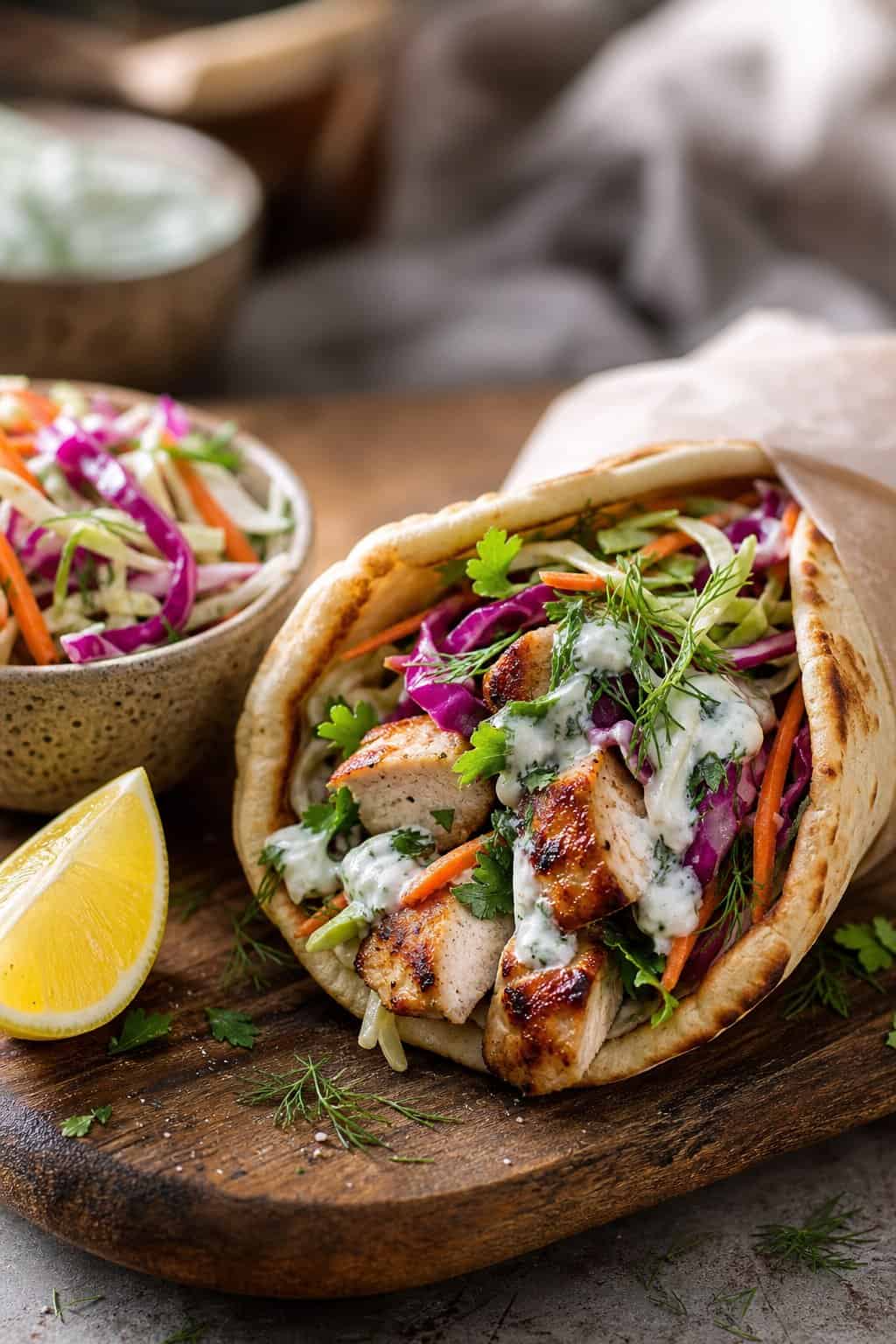 Close-up of a Greek yogurt marinated chicken gyro with cabbage slaw on a wooden board, accompanied by a small bowl of slaw and a lemon wedge.