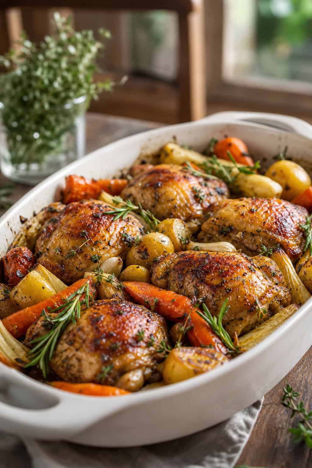 A serving dish with herb-roasted chicken thighs and roasted root vegetables on a wooden table.