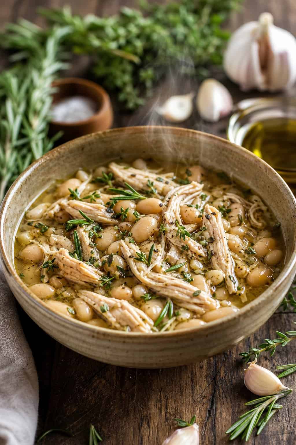 Bowl of herbed slow-cooker chicken and white beans garnished with fresh herbs on a wooden table.