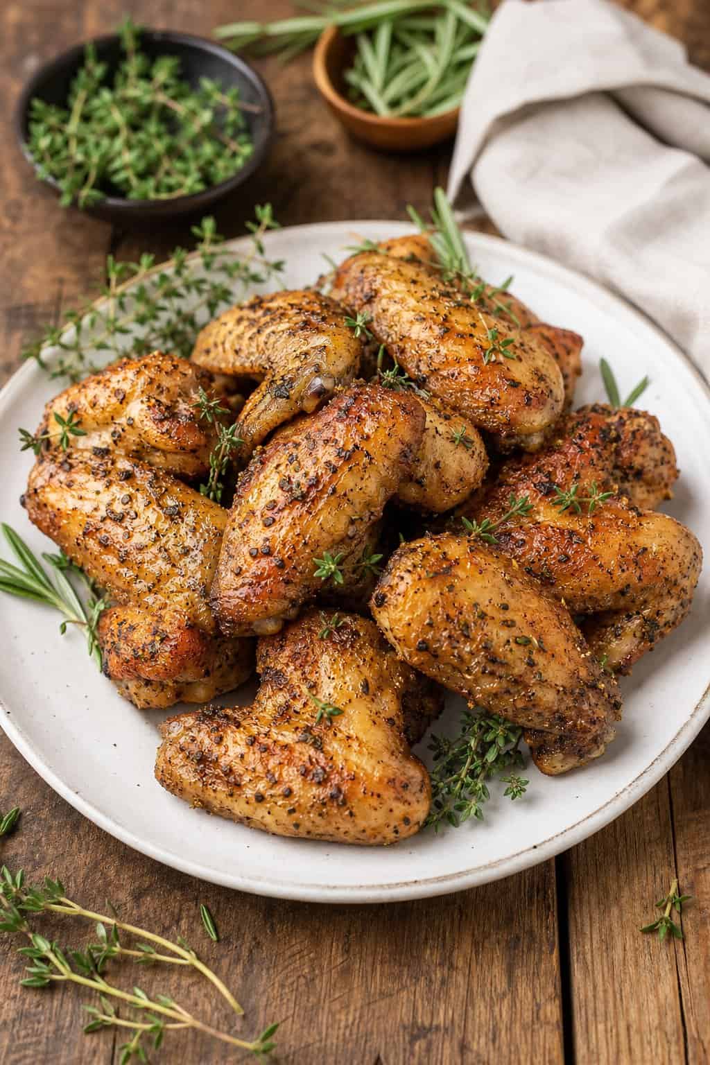 22 Chicken Wing Recipes for Game Day and Beyond 14 A plate of golden brown roasted chicken wings garnished with fresh thyme on a wooden table.