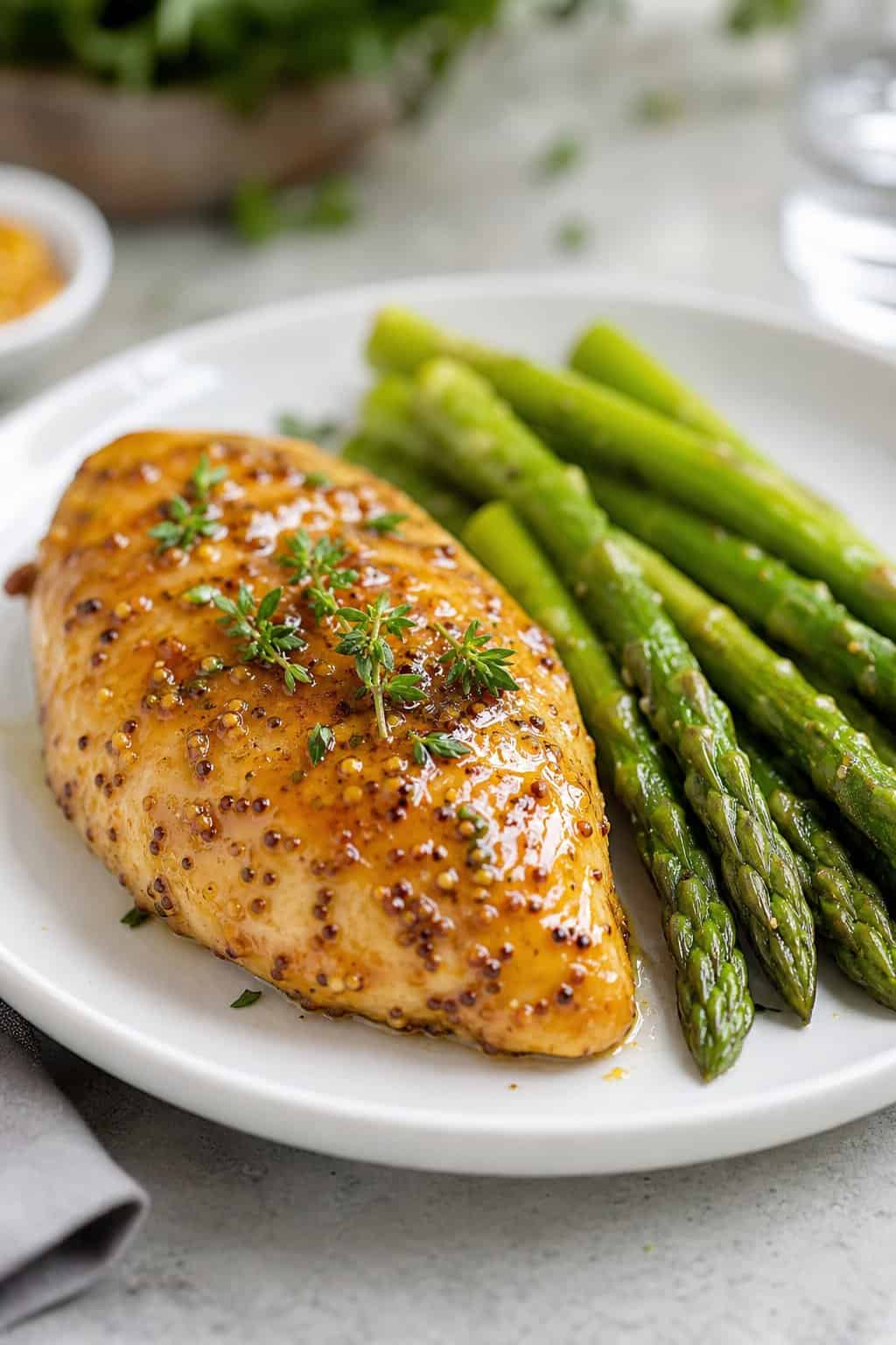 A plate with honey-Dijon glazed chicken breast and green asparagus spears.