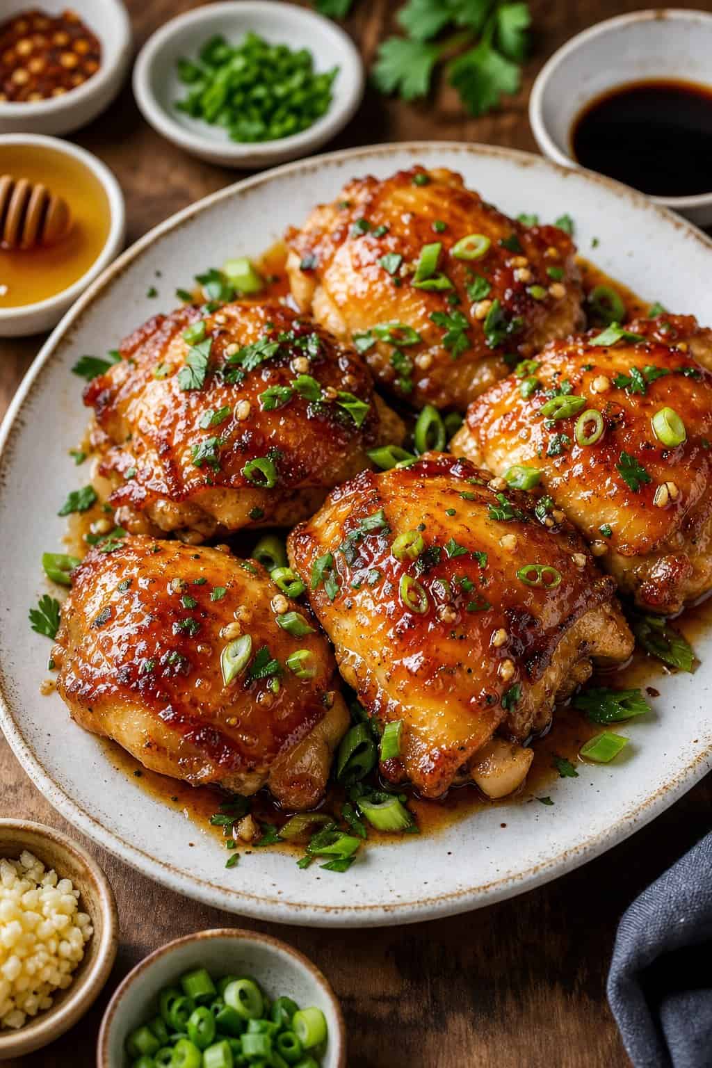 Close-up of honey garlic chicken thighs with crispy skin on a plate, garnished with herbs, with small bowls of ingredients nearby on a wooden table.