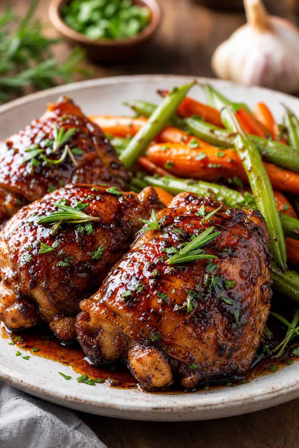 A plate of honey garlic balsamic chicken thighs garnished with fresh herbs and served with roasted vegetables.
