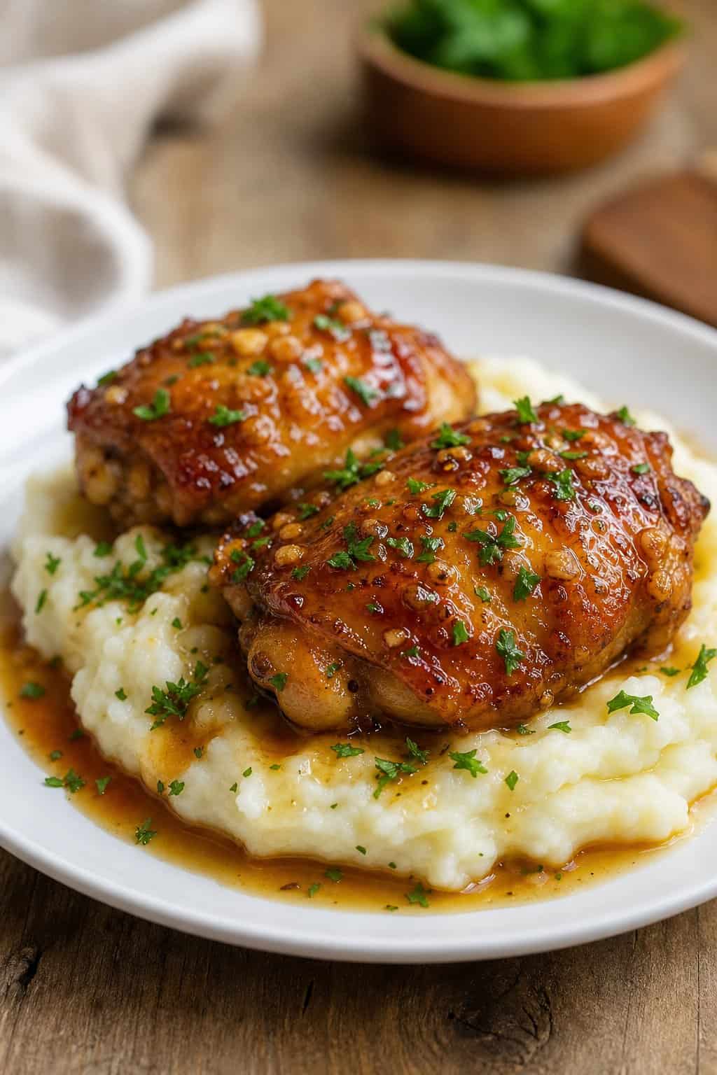 A plate of honey garlic chicken thighs glazed with sauce served over creamy mashed potatoes garnished with chopped parsley.