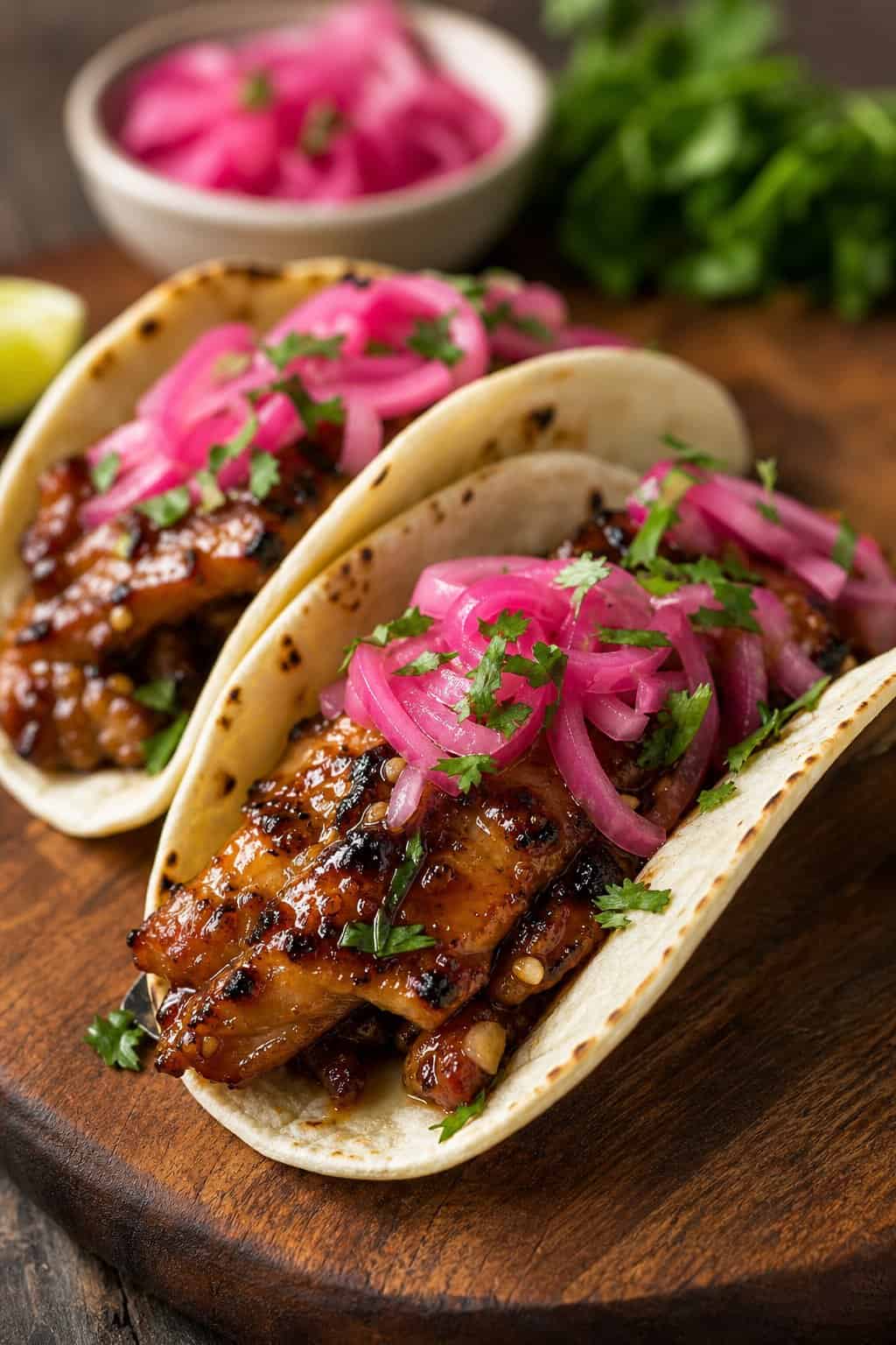 Close-up of tacos filled with honey garlic chicken thighs and pickled red onions on a wooden board.