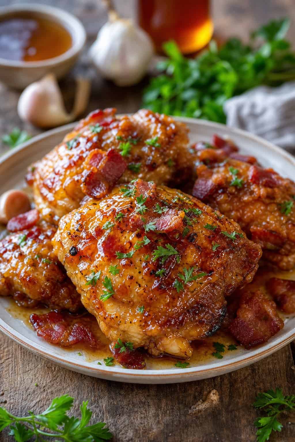 A plate of honey garlic chicken thighs topped with crispy bacon and maple glaze, garnished with fresh herbs on a wooden table.