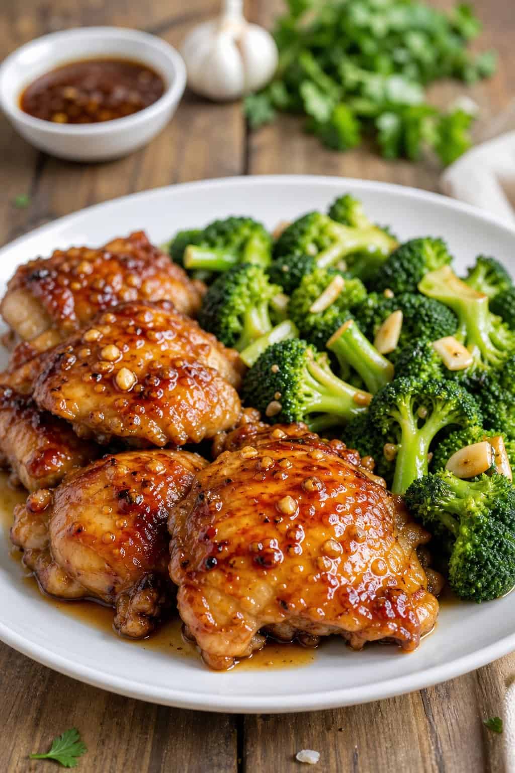 A plate of honey garlic chicken thighs with broccoli stir-fry on a wooden table.