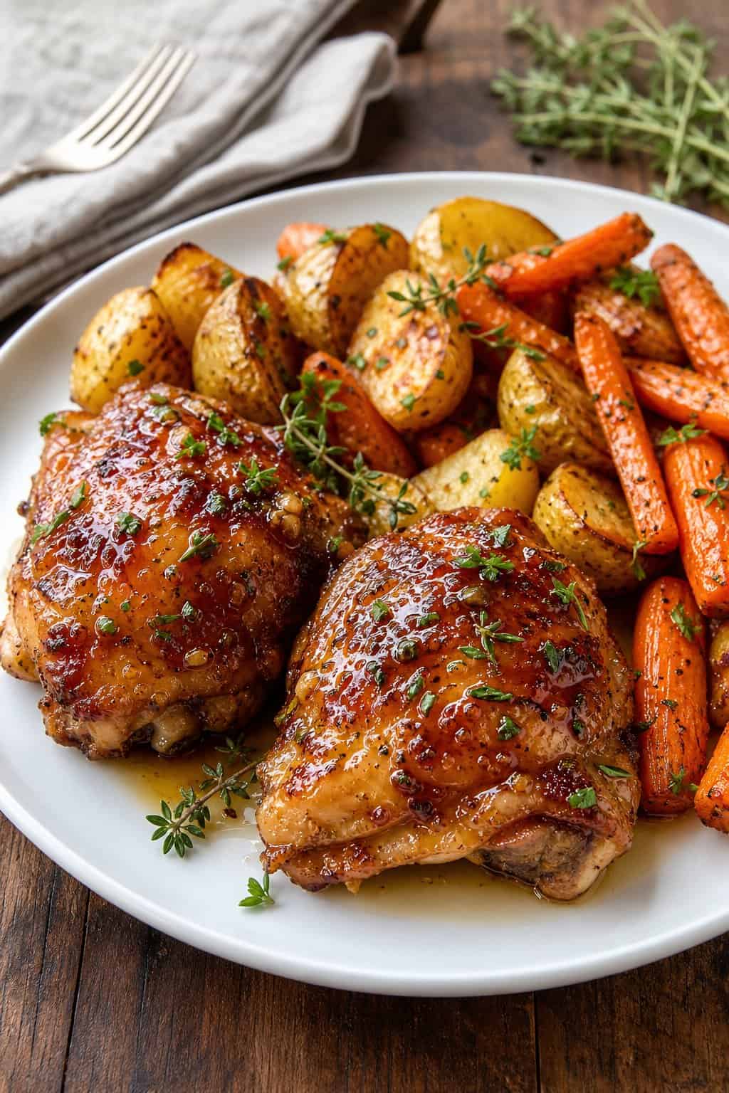 23 Honey Garlic Chicken Thigh Recipes You’ll Absolutely Love! 10 A plate of honey garlic chicken thighs with roasted carrots and potatoes on a wooden table.