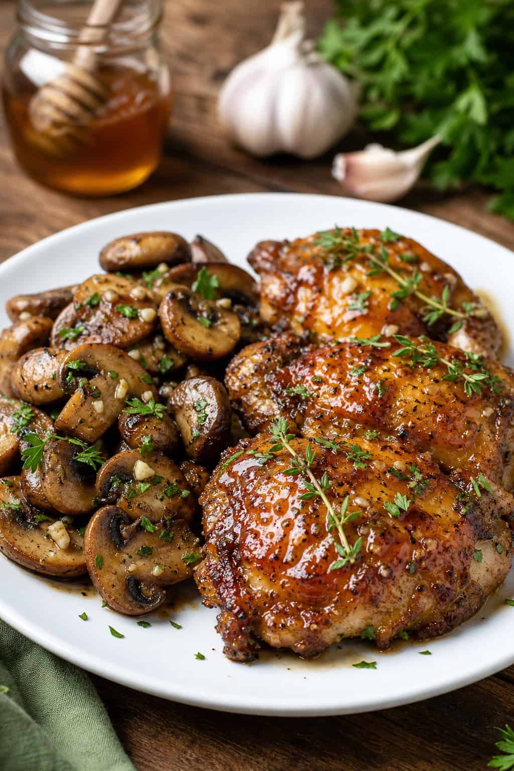 A plate with honey garlic chicken thighs and garlic butter mushrooms on a wooden table.