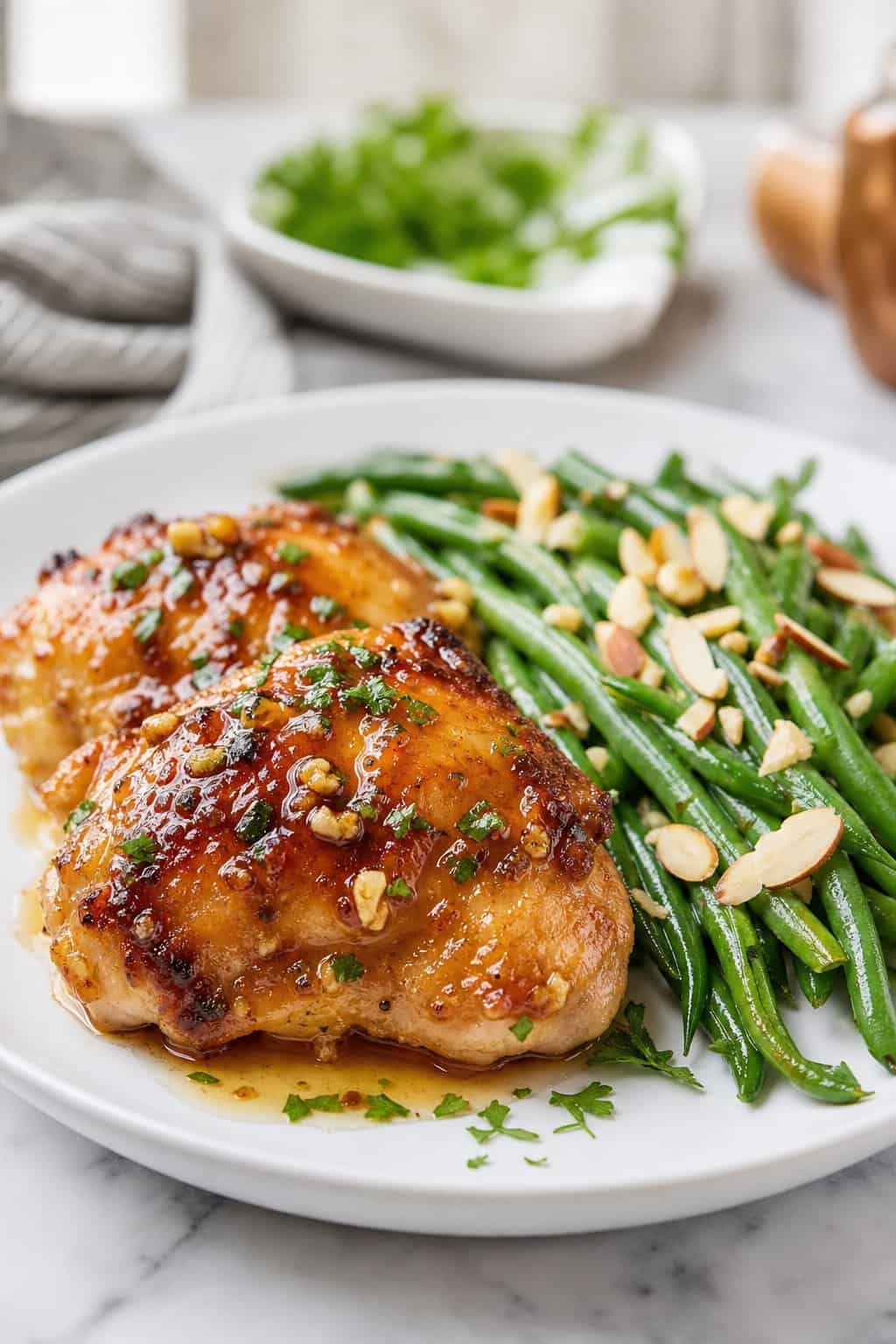A plate of honey garlic chicken thighs with green beans topped with toasted almonds.