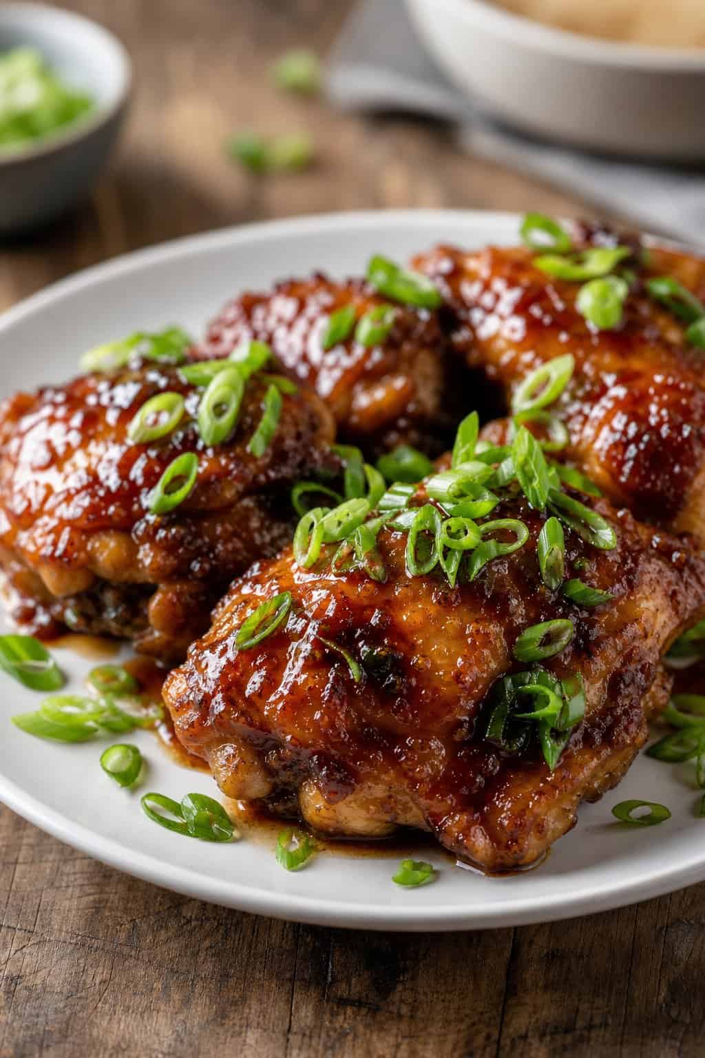 A plate of honey garlic chicken thighs glazed with hoisin sauce and topped with sliced scallions on a wooden table.