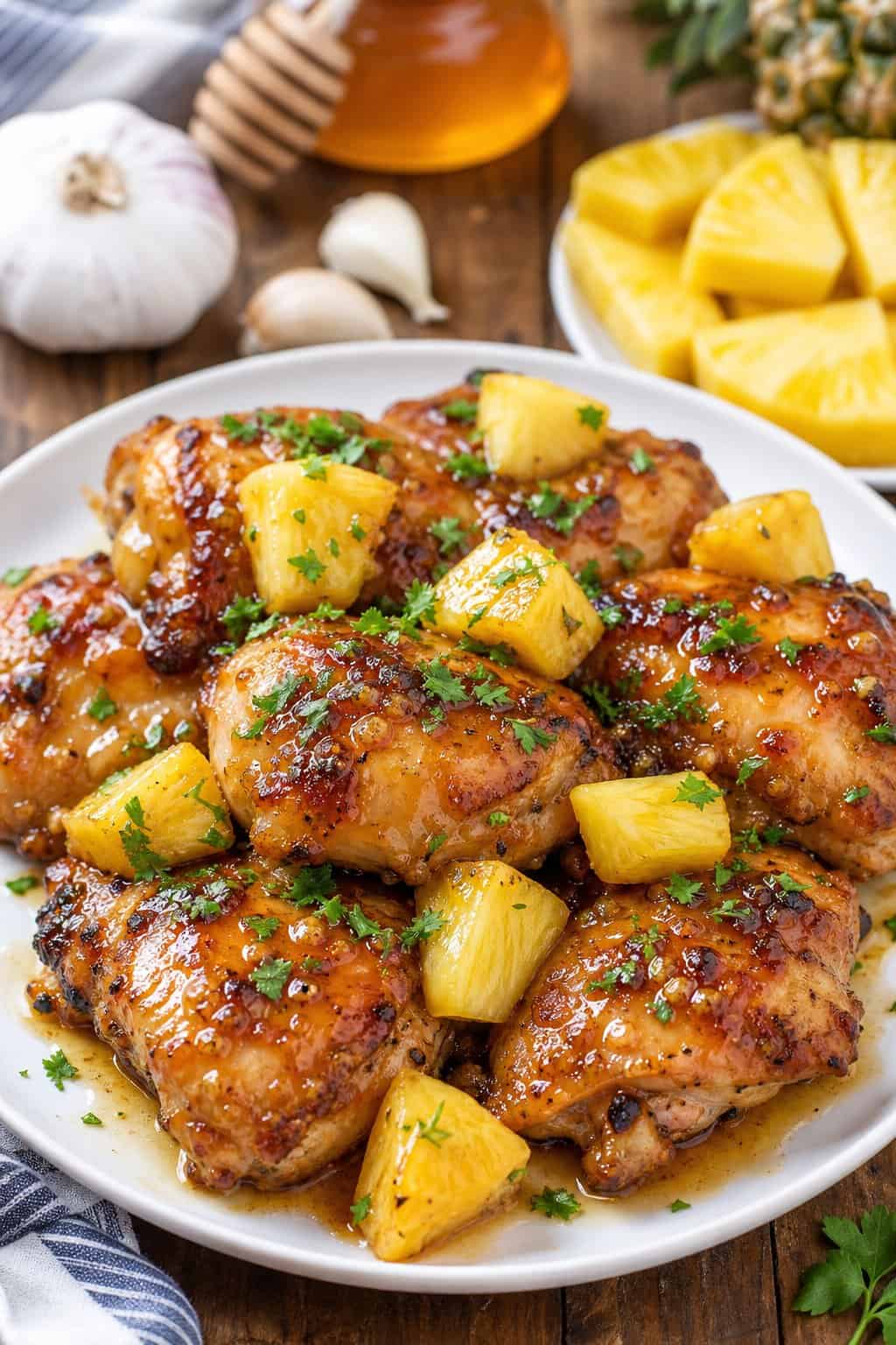 A plate of honey garlic chicken thighs garnished with pineapple chunks and herbs on a wooden table.