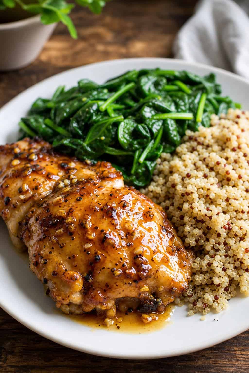A plate with honey garlic chicken thighs, quinoa, and sautéed spinach on a wooden table.