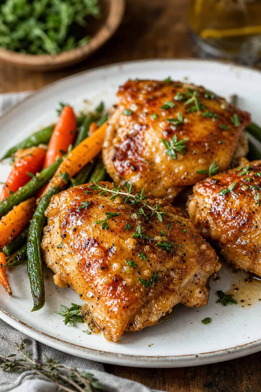 A plate of glazed honey garlic Dijon chicken thighs garnished with fresh herbs, served with roasted vegetables on a wooden table.