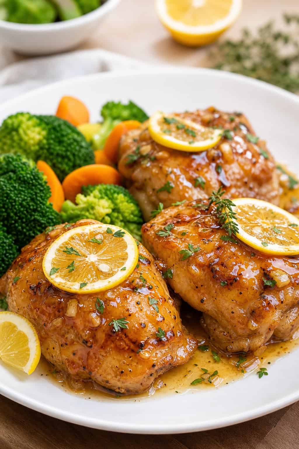 A plate of honey garlic lemon chicken thighs garnished with lemon slices and herbs, served with vegetables.