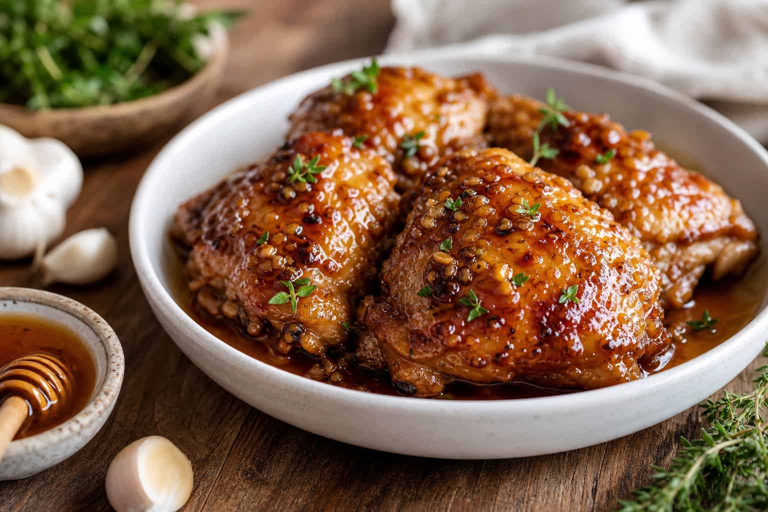 A bowl of honey garlic slow-cooker chicken thighs garnished with fresh herbs on a wooden table with honey and garlic nearby.