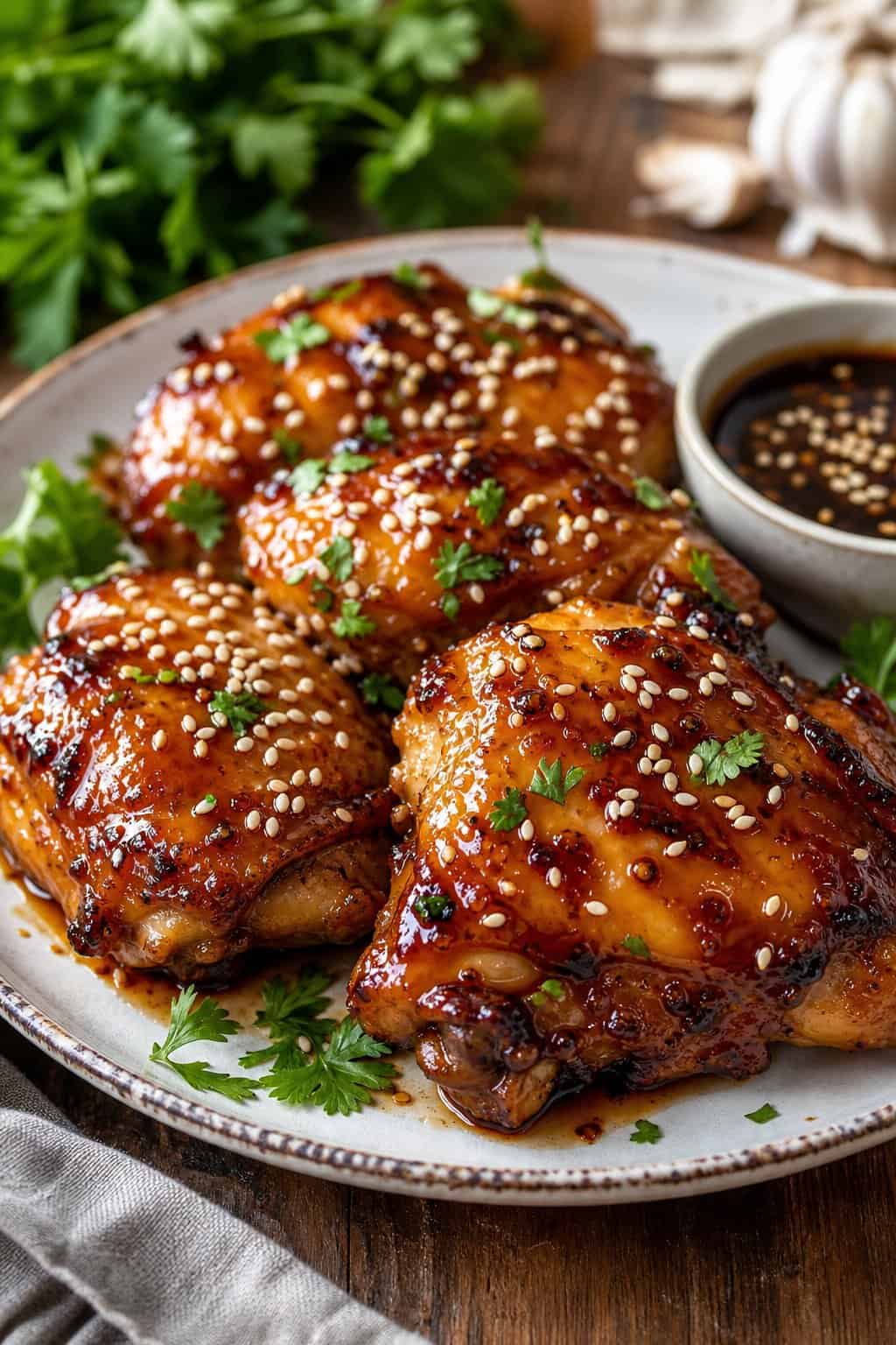 A plate of honey garlic soy-glazed chicken thighs topped with sesame seeds and garnished with fresh herbs on a wooden table.