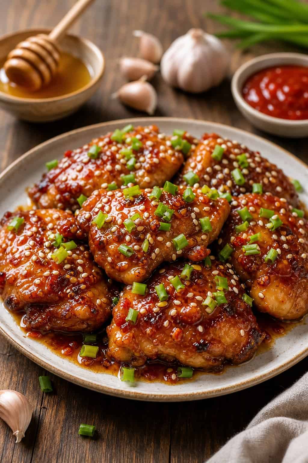A plate of honey garlic sticky chicken thighs garnished with green onions and sesame seeds on a wooden table, with small bowls of honey, garlic, and sriracha sauce nearby.