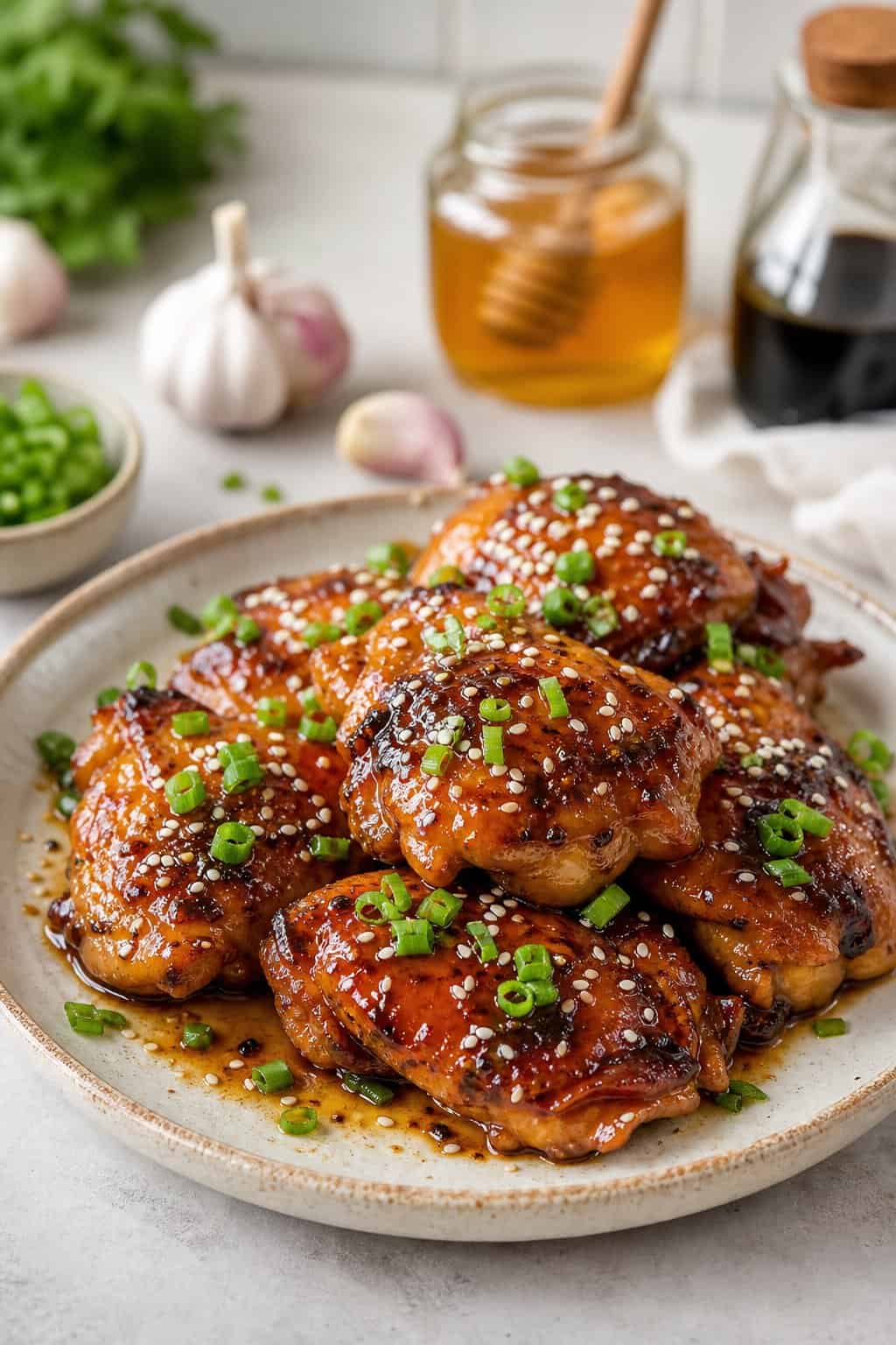 A plate of glazed honey garlic teriyaki chicken thighs garnished with green onions and sesame seeds on a white plate with garlic cloves and honey jar in the background.