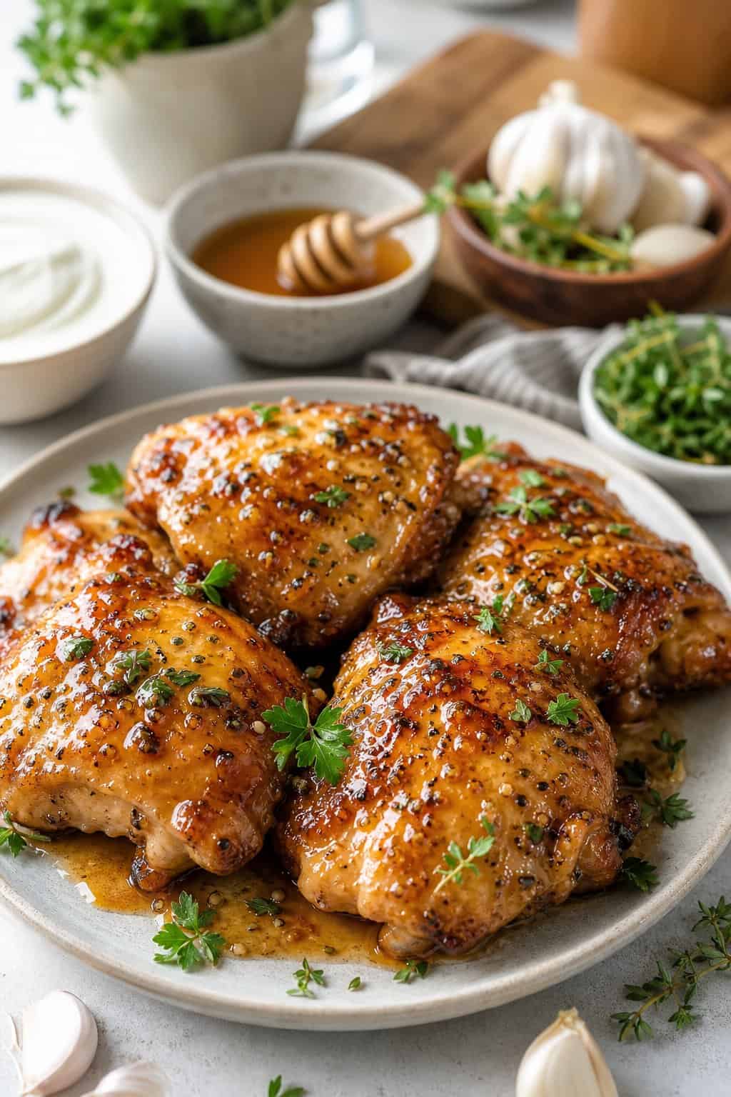A plate of golden honey garlic yogurt-marinated chicken thighs garnished with fresh herbs, surrounded by small bowls of ingredients on a bright kitchen countertop.