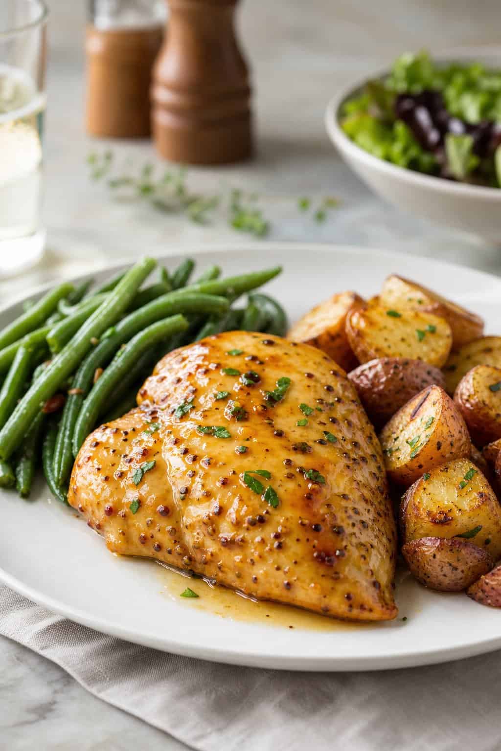 A plate with honey mustard chicken breasts, green beans, and roasted potatoes on a kitchen table.