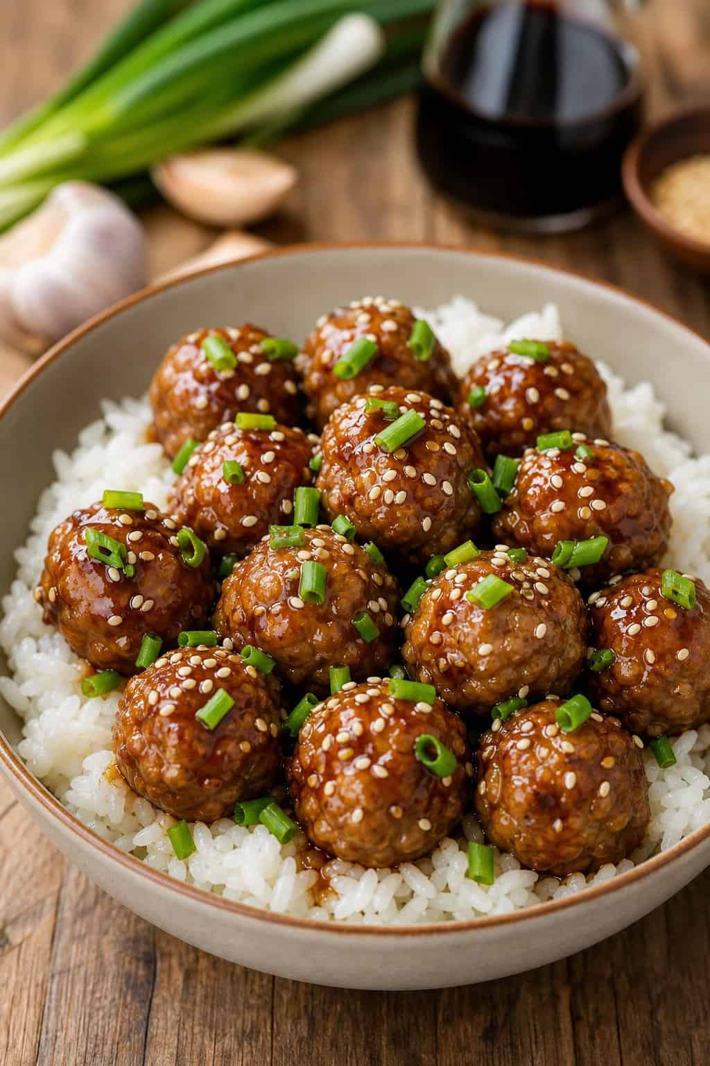 A bowl of honey-soy glazed minced chicken meatballs served over white rice, garnished with green onions and sesame seeds on a wooden table.