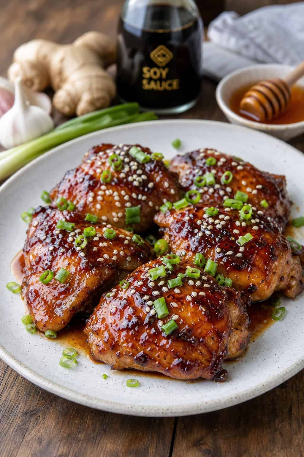 A plate of honey soy sticky chicken thighs garnished with sesame seeds and green onions on a wooden table with fresh ingredients around.