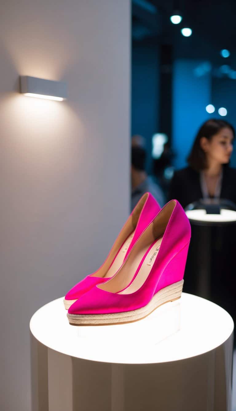 Hot pink wedge heels displayed on a sleek, modern pedestal with soft lighting